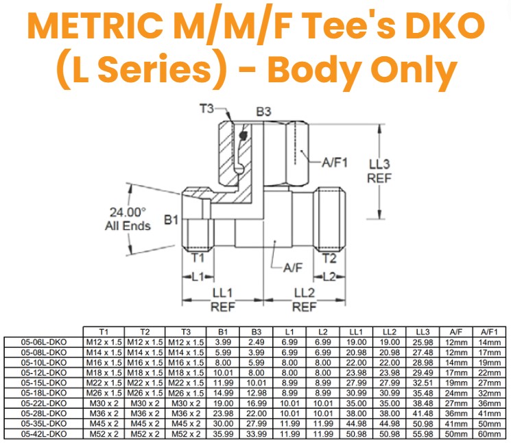 M12 (6L) M/M/F Tee - Body Hydraulic Adaptor